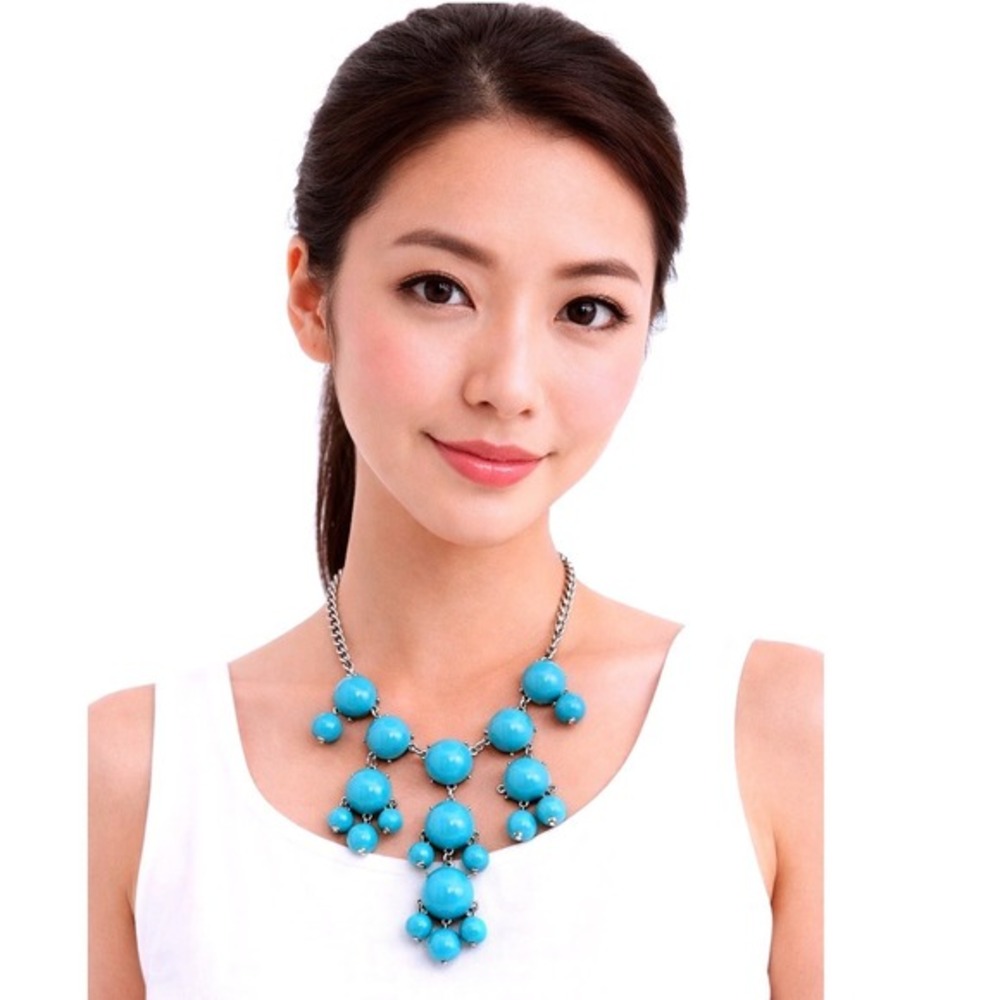 Turquoise Blue Bubble Statement Necklace Silver Tone Bib Curb‎ Chain 20" J-01